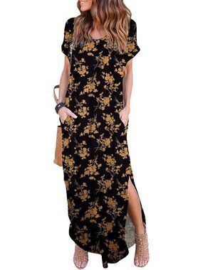 Women Gold Flower Summer Maxi Long Dress Casual Loose Short Sleeve Split Pockets